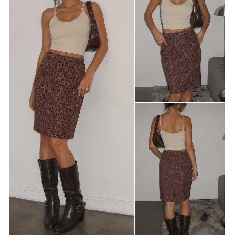Maja Vintage 100% Silk Paisley Brocade Pencil Skirt Burgundy Gold 90s Boho hh